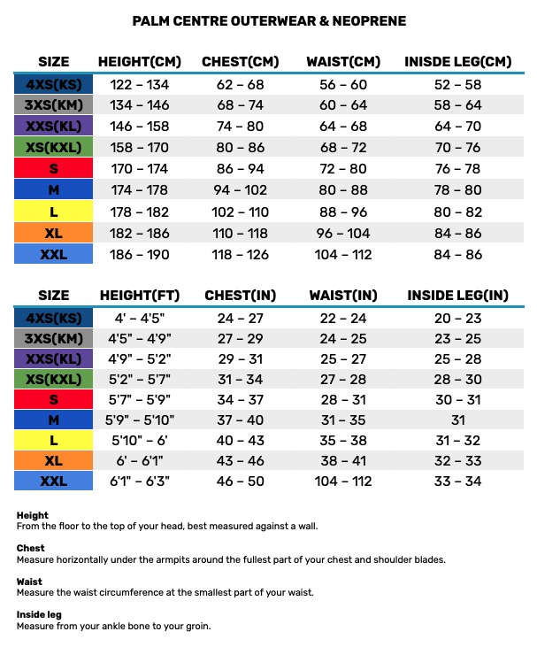 2025 Palm Centre Outerwear and Neo Mens Size Chart